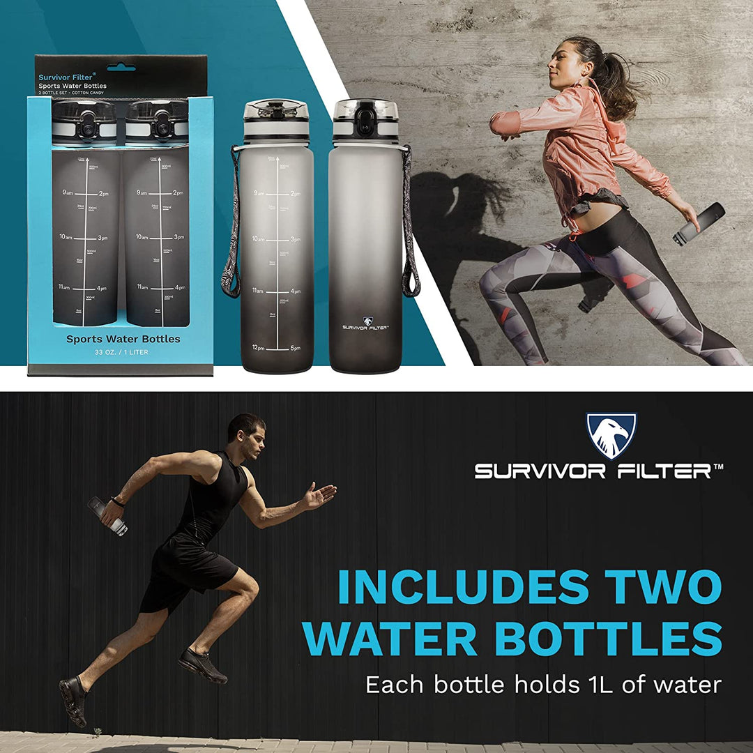 Survivor Sports Water Bottles (32oz) - 2 Bottle Set (2 Liters Total)