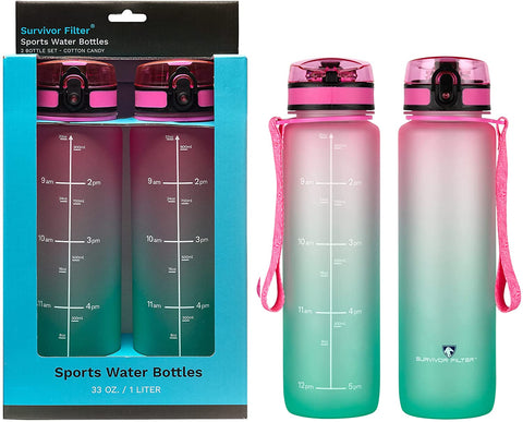 Survivor Sports Water Bottles (32oz) - 2 Bottle Set (2 Liters Total)