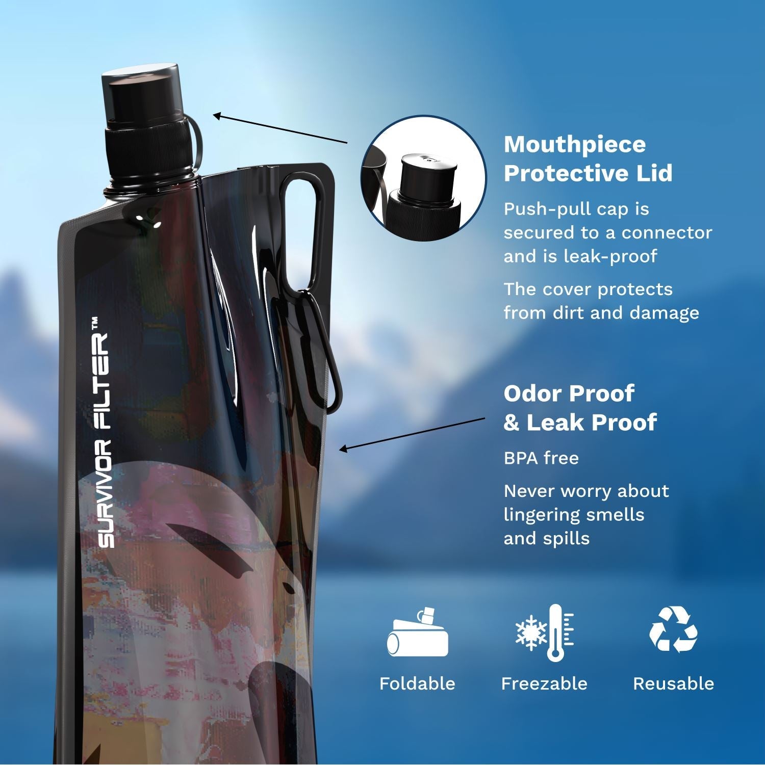 Survivor Canteens Black - Collapsible Water Bottles, 33.Oz 2 Pack (2L Total) - Survivor Filter
